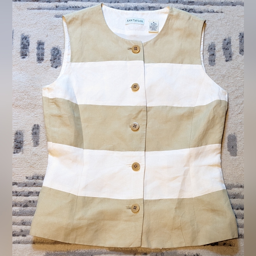 Ann Taylor Linen Blend Button up Sleeveless Top, Tan and White Stripe - Size 6